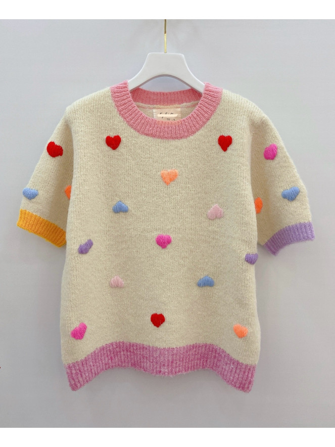 PULL MANCHE COURTE COEUR MULTICOLRE